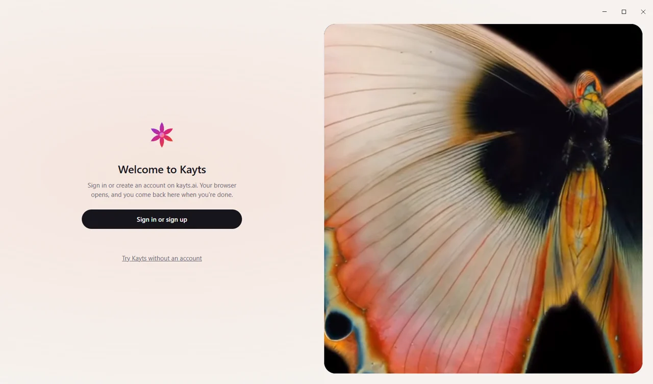 Kayts for Windows: the start screen, with sign-in on the left