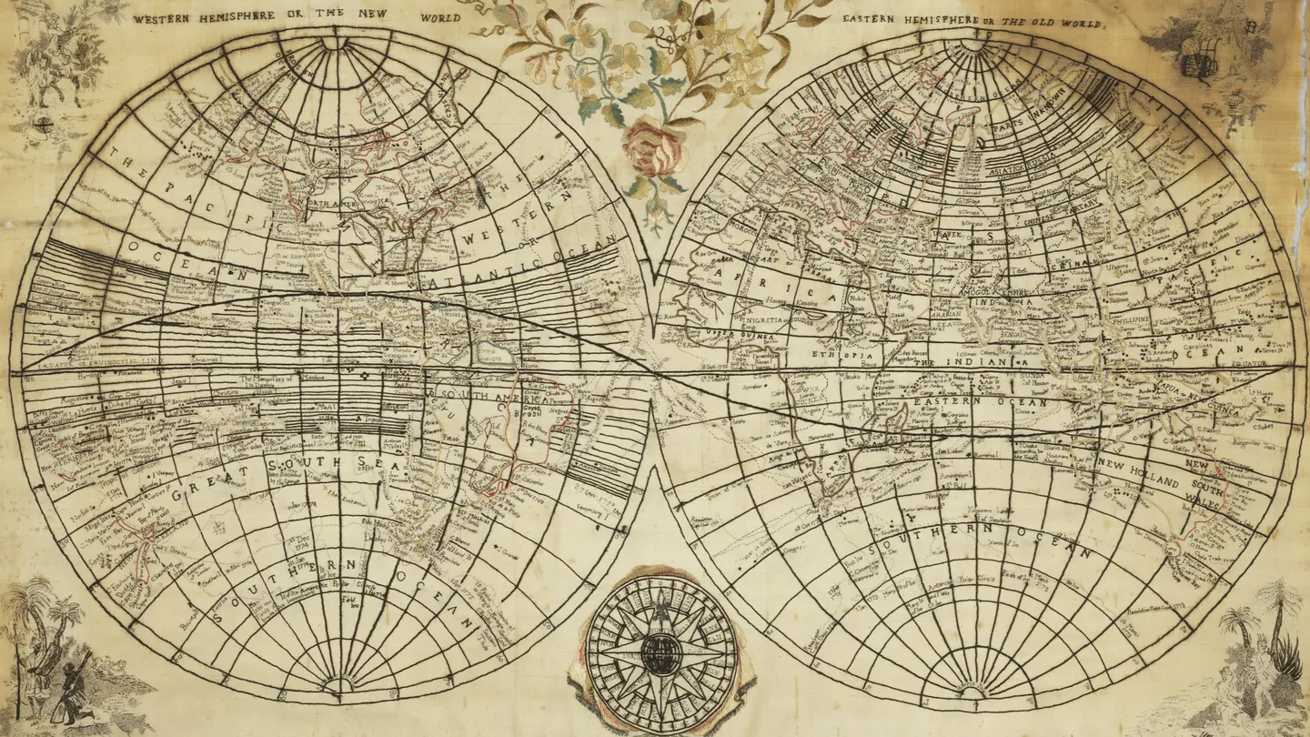 An antique map of the world in two hemispheres